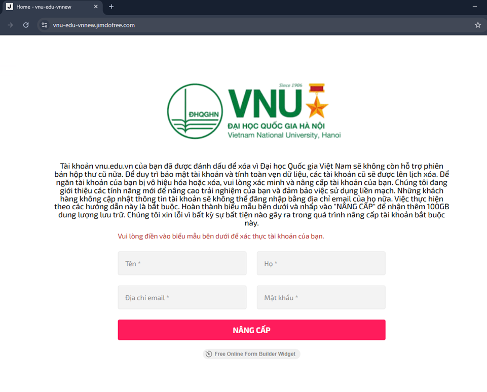 Trang web giả mạo trên jimdofree