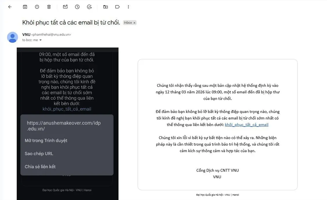 CẢNH BÁO KHẨN CẤP: CÁC THỦ ĐOẠN LỪA ĐẢO QUA EMAIL ĐANG TẤN CÔNG HỆ THỐNG VNU (CẬP NHẬT CÁC TRƯỜNG HỢP CÓ THẬT) 🚨